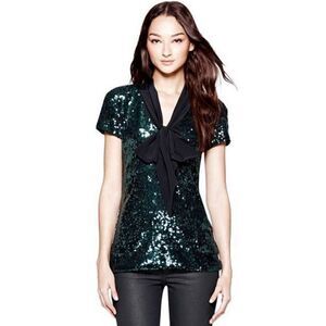 Tory Burch Annabelle Sequin Top Blouse Size Medium Emerald Bow Holiday Christmas